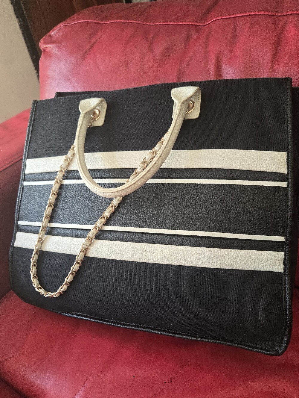 Abbott Classic Black Tote Bag with Cream Stripes and Chain Handles